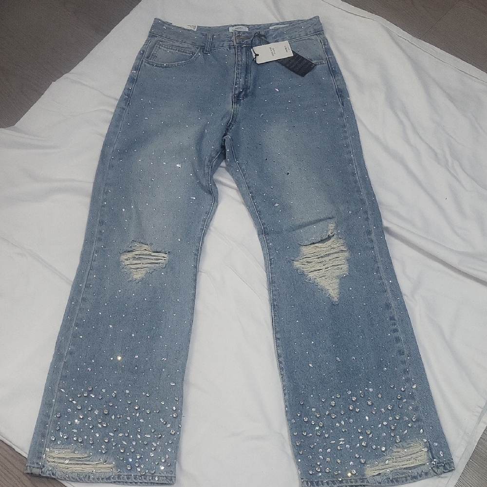 Forever 21 Light Blue Flare Jeans with Rhinestones